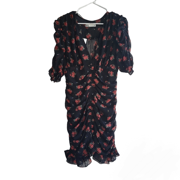 Zara Black Floral Plunge Neck Ruched Dress Size XL NWT - Picture 3 of 14